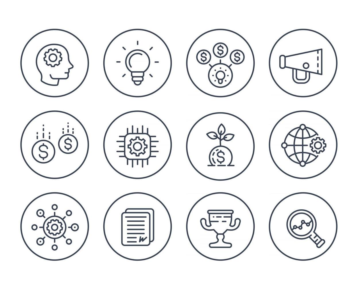 startup line icons set on white, creative process, idea, initial capital, funding, innovation, project growth, analytics vector