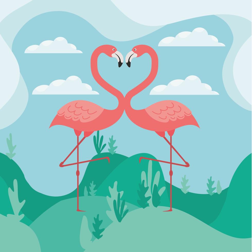 Cute flamingos facing each other vector