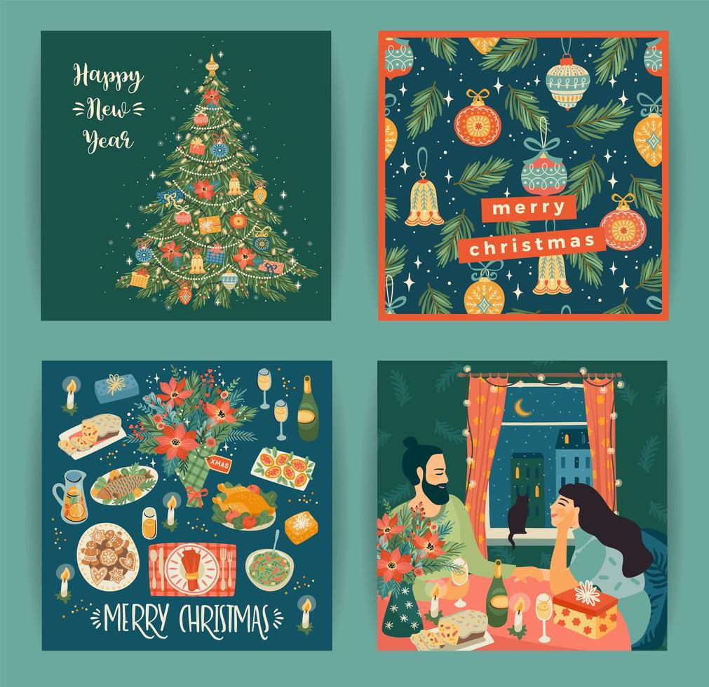 Set of Christmas and Happy New Year illustrations in trendy cartoon style. Bright christmas symbols, sweet home, people. For card, poster and other use. vector