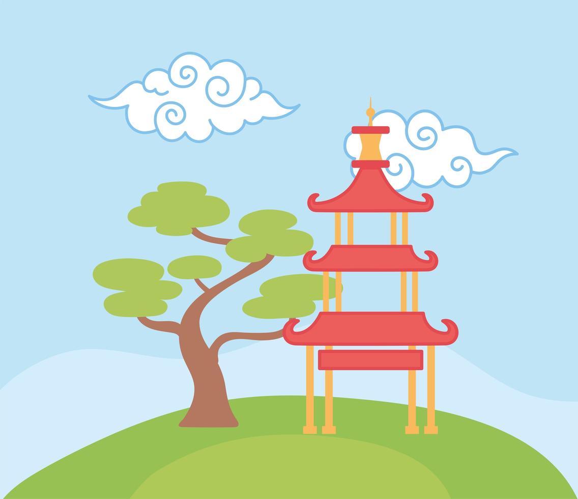 pagoda building bonsai tree curly clouds oriental element decoration color design vector