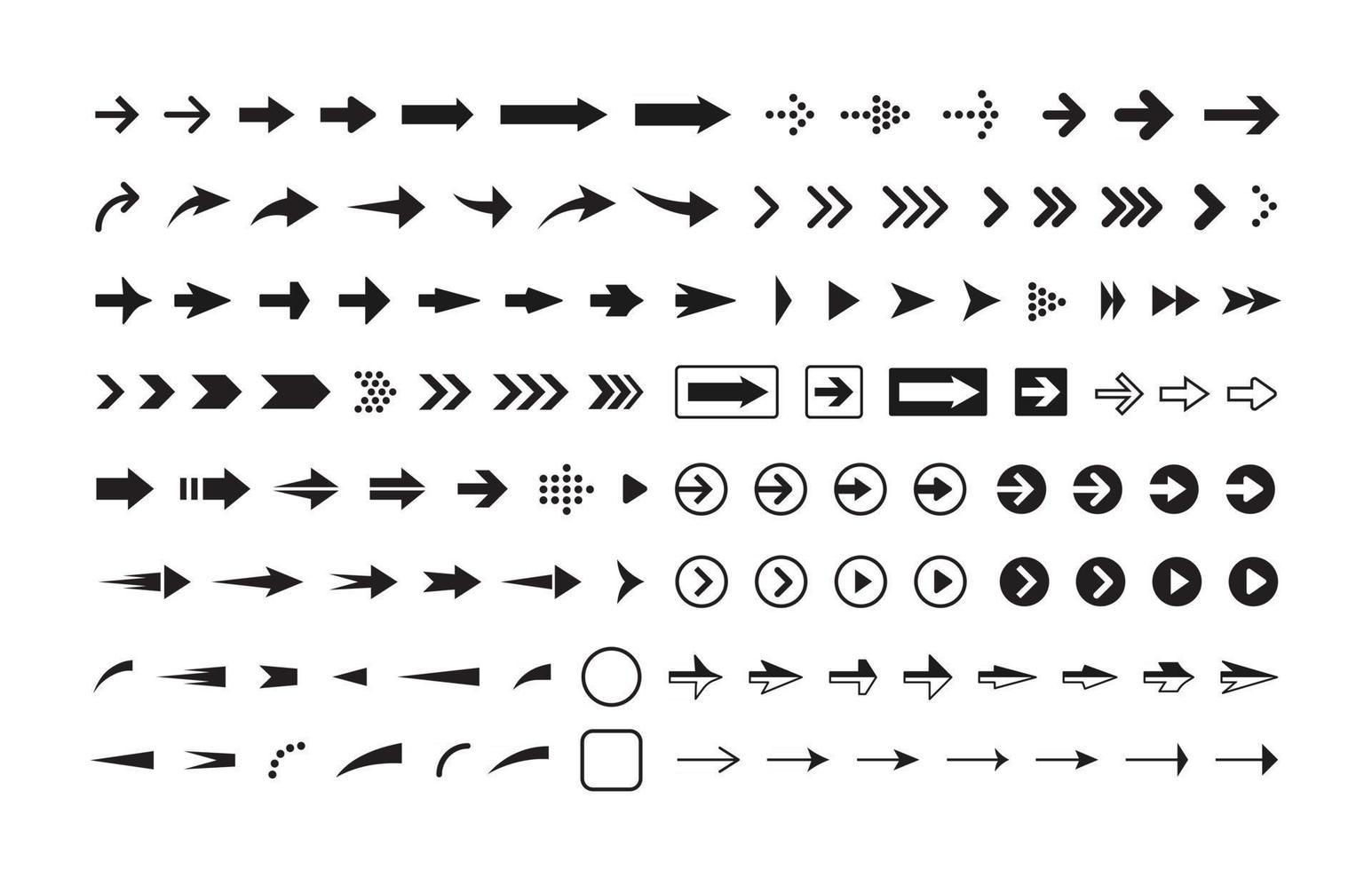 flechas conjunto de iconos de vector blanco y negro. punteros en círculo y rectángulo paquete de símbolos aislados. Siguiente, adelante, botones anteriores paquete de signos monocromáticos. Colección de pictogramas de cursores.