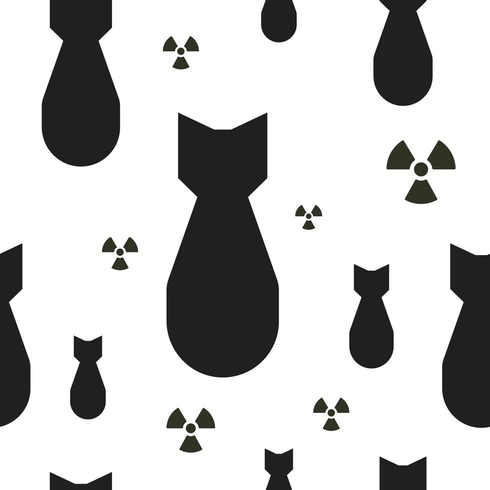 Falling atom bombs with radiation symbols, black and white seamless vector texture.