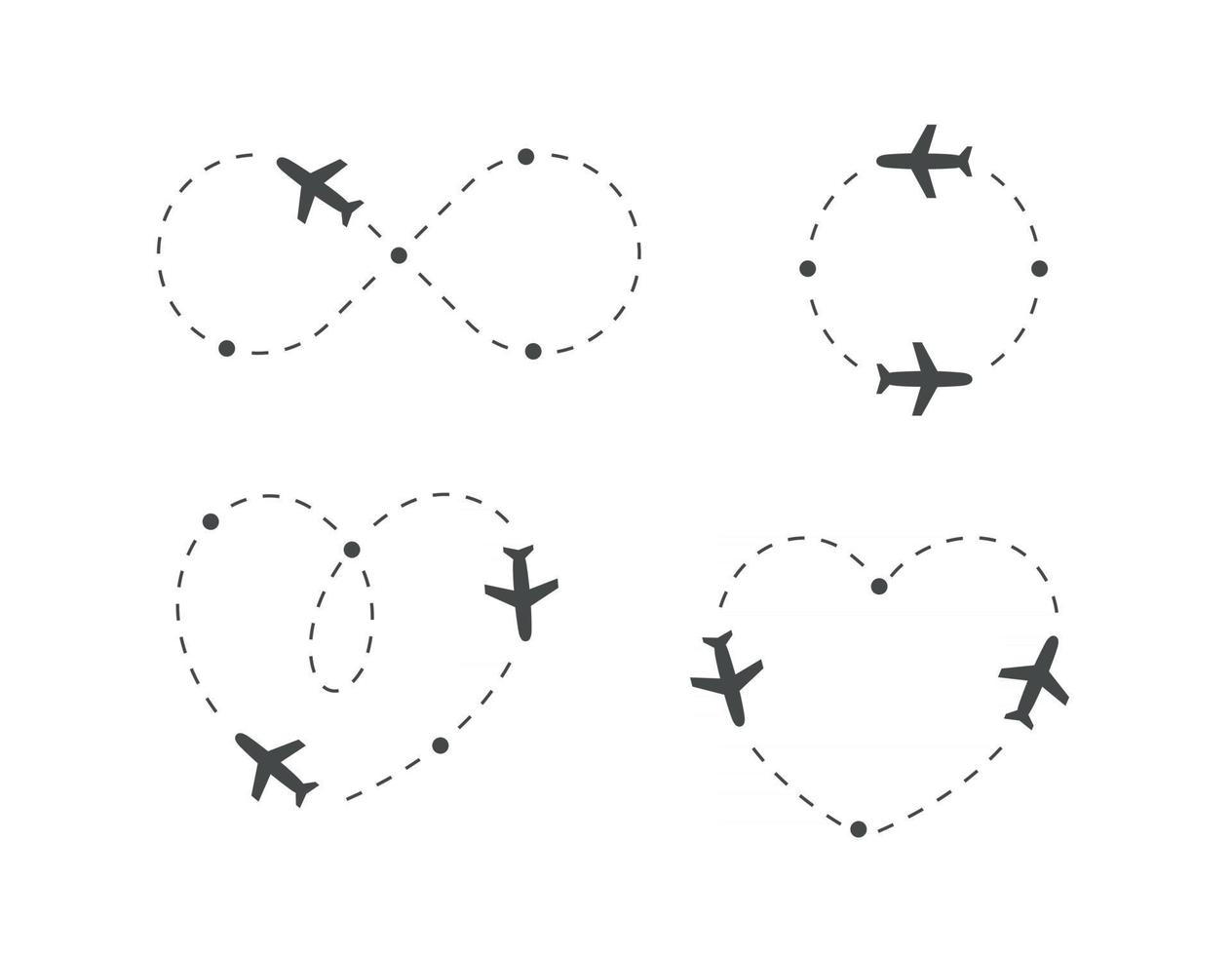 Airplane icon set. Plane silhouette and flight path dotted route. Path direction loop, shape of heart, circle, infinity symbol. Vector logo concept.