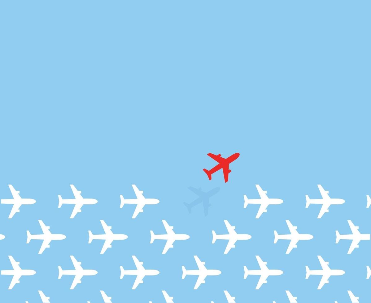 White airplanes group fly in one direction and only one red airplane fly in different way on blue sky background. Business concept pattern for innovative creative solution. Vector background.
