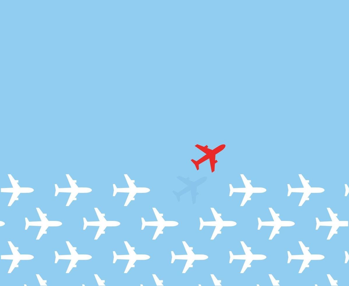 El grupo de aviones blancos vuela en una dirección y solo un avión rojo vuela de manera diferente sobre fondo de cielo azul. patrón de concepto de negocio para una solución creativa innovadora. vector de fondo.