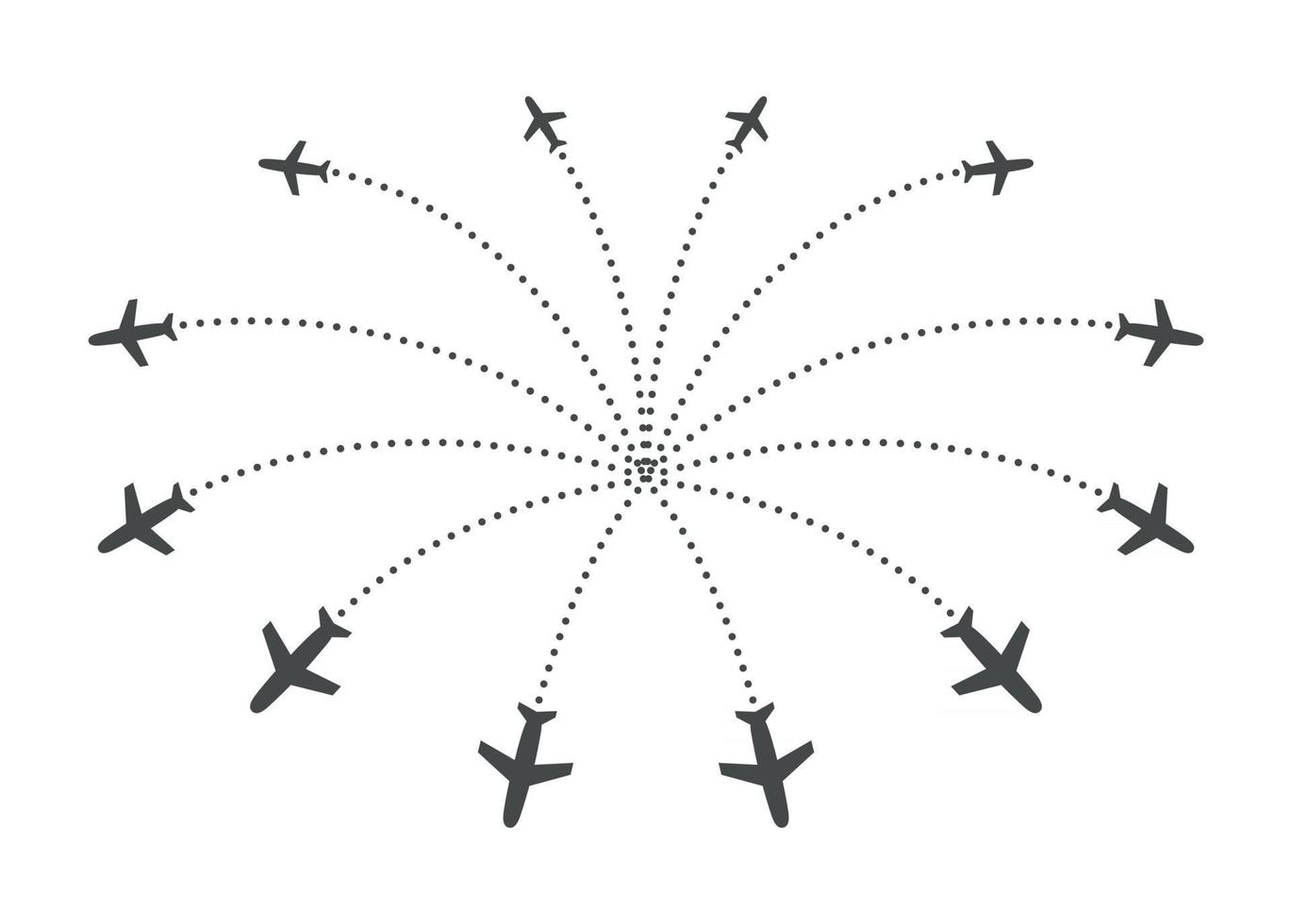 Planes flying with trace in different directions in a circle from one point. Radial fountain airplane. Airport abstract map. Departure icon. Vector illustration on white background.