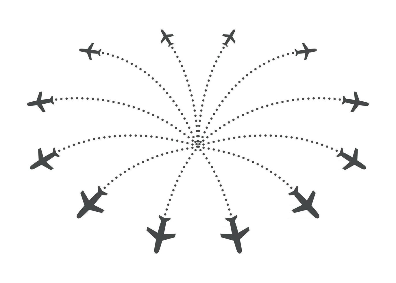 aviones que vuelan con rastro en diferentes direcciones en un círculo desde un punto. Avión de fuente radial. mapa abstracto del aeropuerto. icono de salida. Ilustración vectorial sobre fondo blanco. vector