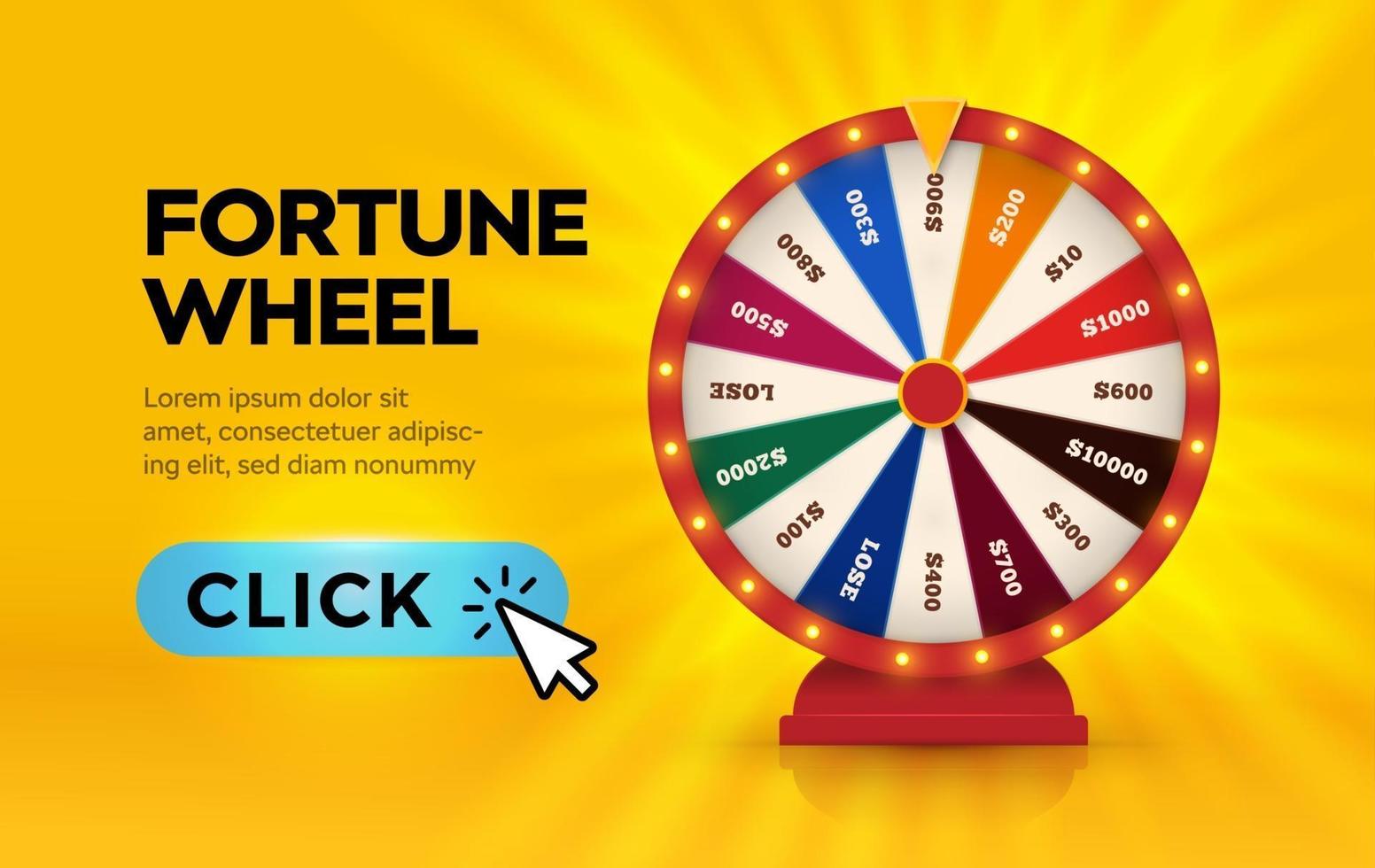 Fortune wheel, lottery play, online casino banner, game machine, gambling business isolated vector illustration