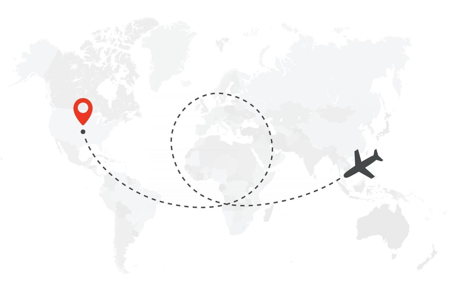 Airplane trip. Air plane flight route with start point and loop line trace. Plane icon over world map. Vector concept illustration.