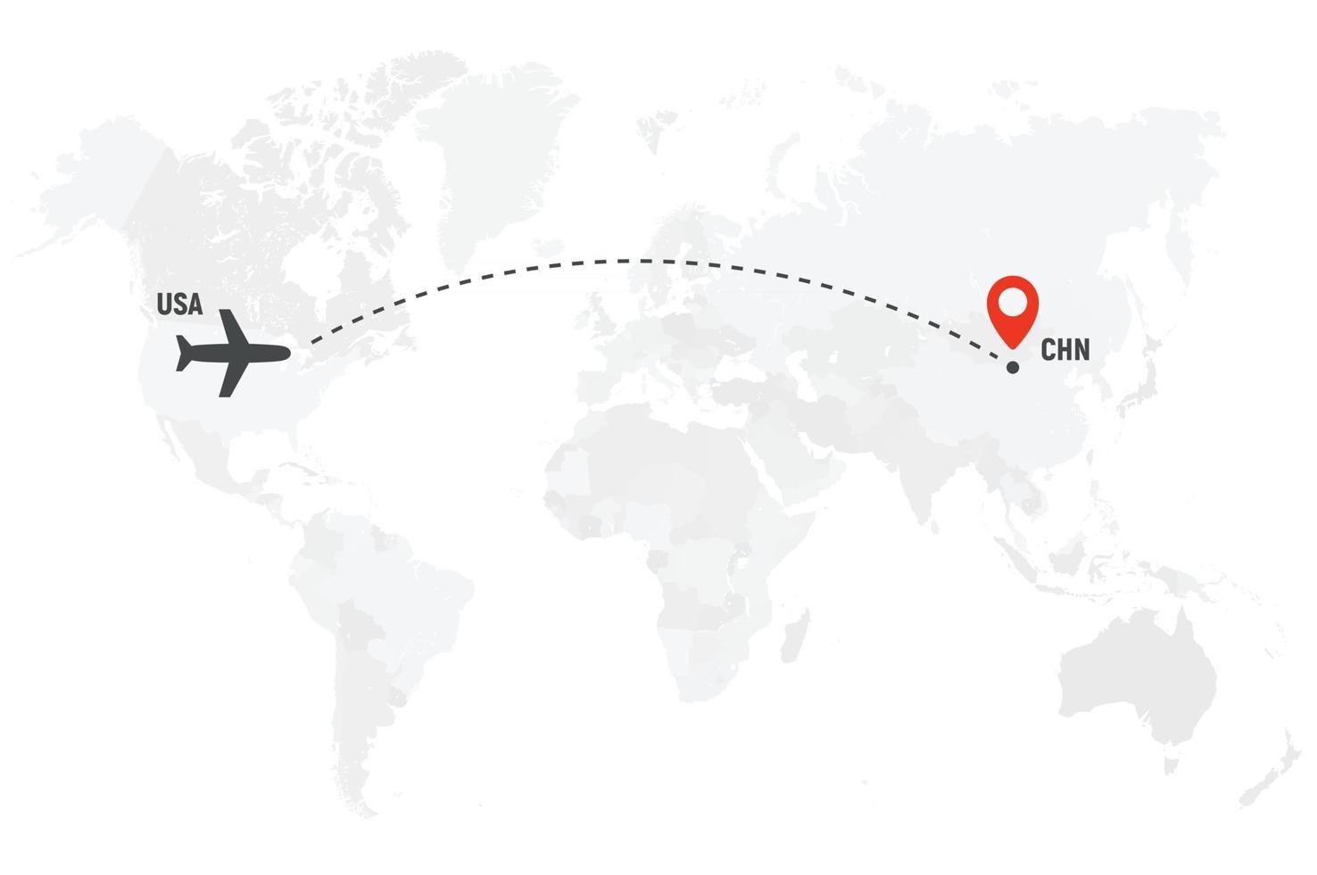 Airplane line path. Air plane flight route with start point and dash line trace. Plane icon over world map. Vector concept illustration.