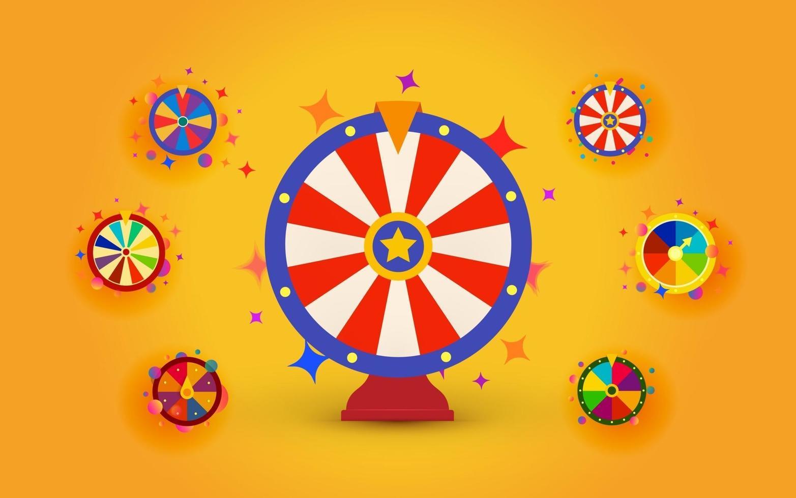 Ruedas de la fortuna para casino web, sorteos y premios en efectivo, iconos de ruedas vectoriales aisladas sobre fondo amarillo brillante vector