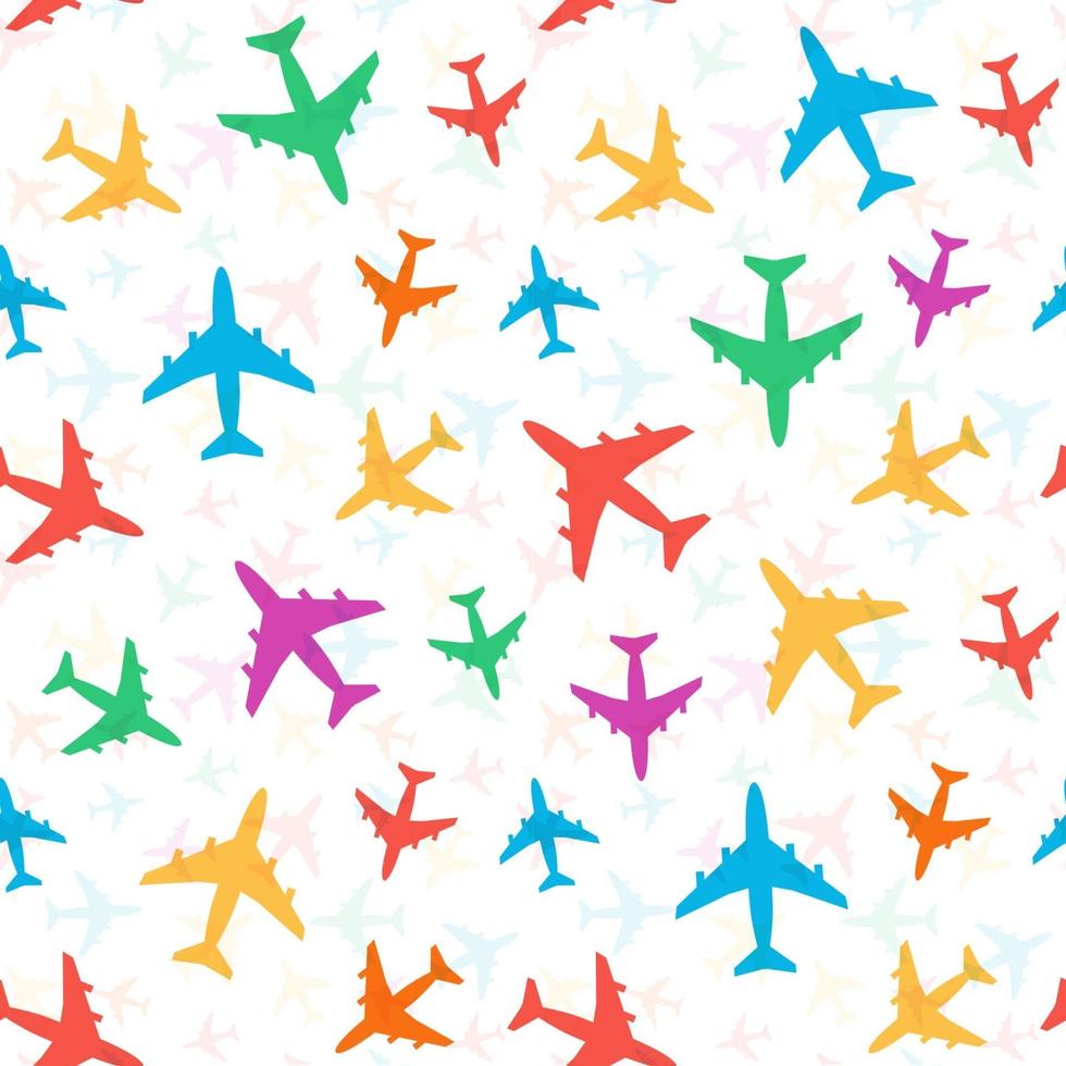 Cheerful bright colorful pattern of colored airplanes, random arrange. Ideal for packaging design, brochures, posters and clothing. Vector seamless pattern on white background