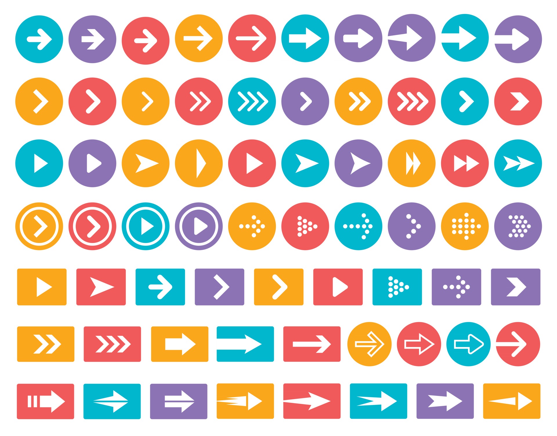 Download Arrows color vector icon set. Arrow in circle and rectangle isolated symbols pack. Next, forward ...