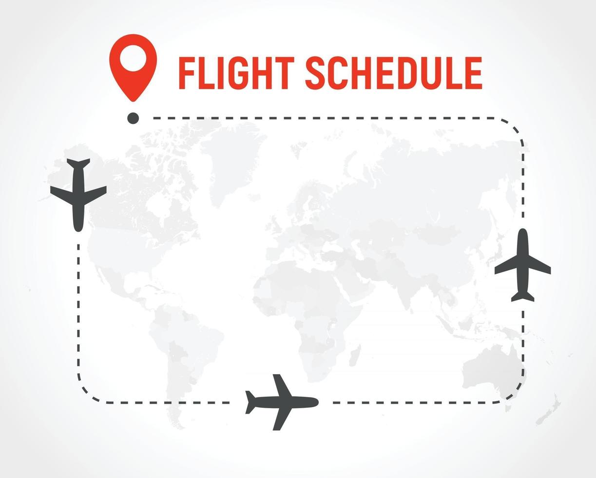 Blank Flight schedule, border of frame on political world map background. Airplane route with planes on path and pin on destination place. Vector illustration.