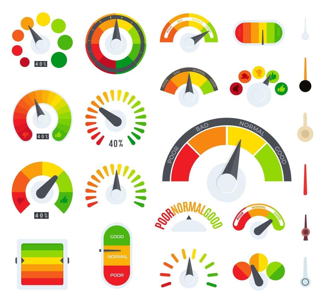 retroalimentación o escala de calificación que representa varias emociones y opiniones de los clientes. nivel de evaluación de bienes o servicios comerciales. vector colorido aislado conjunto de iconos.