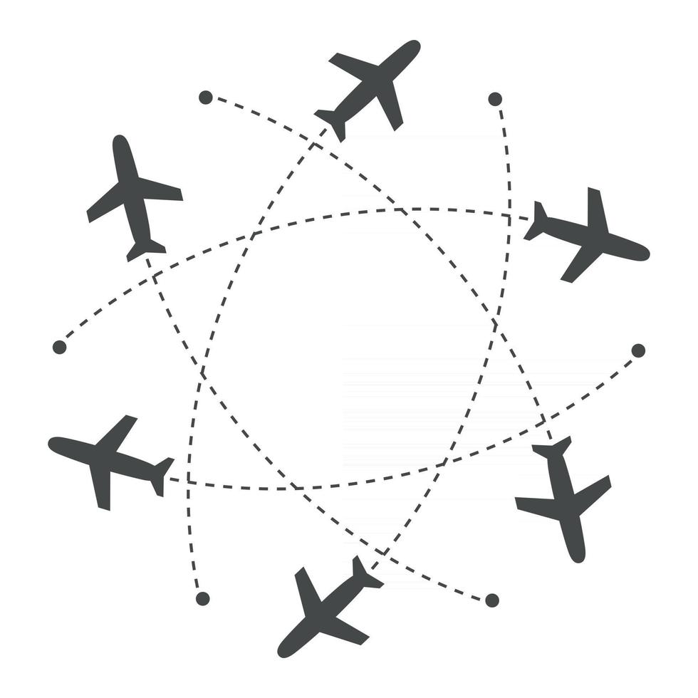 aviones que vuelan con rastro en diferentes direcciones en un círculo desde un punto. mapa abstracto del aeropuerto. icono de salida. Ilustración de vector de silueta negra plana sobre fondo blanco.