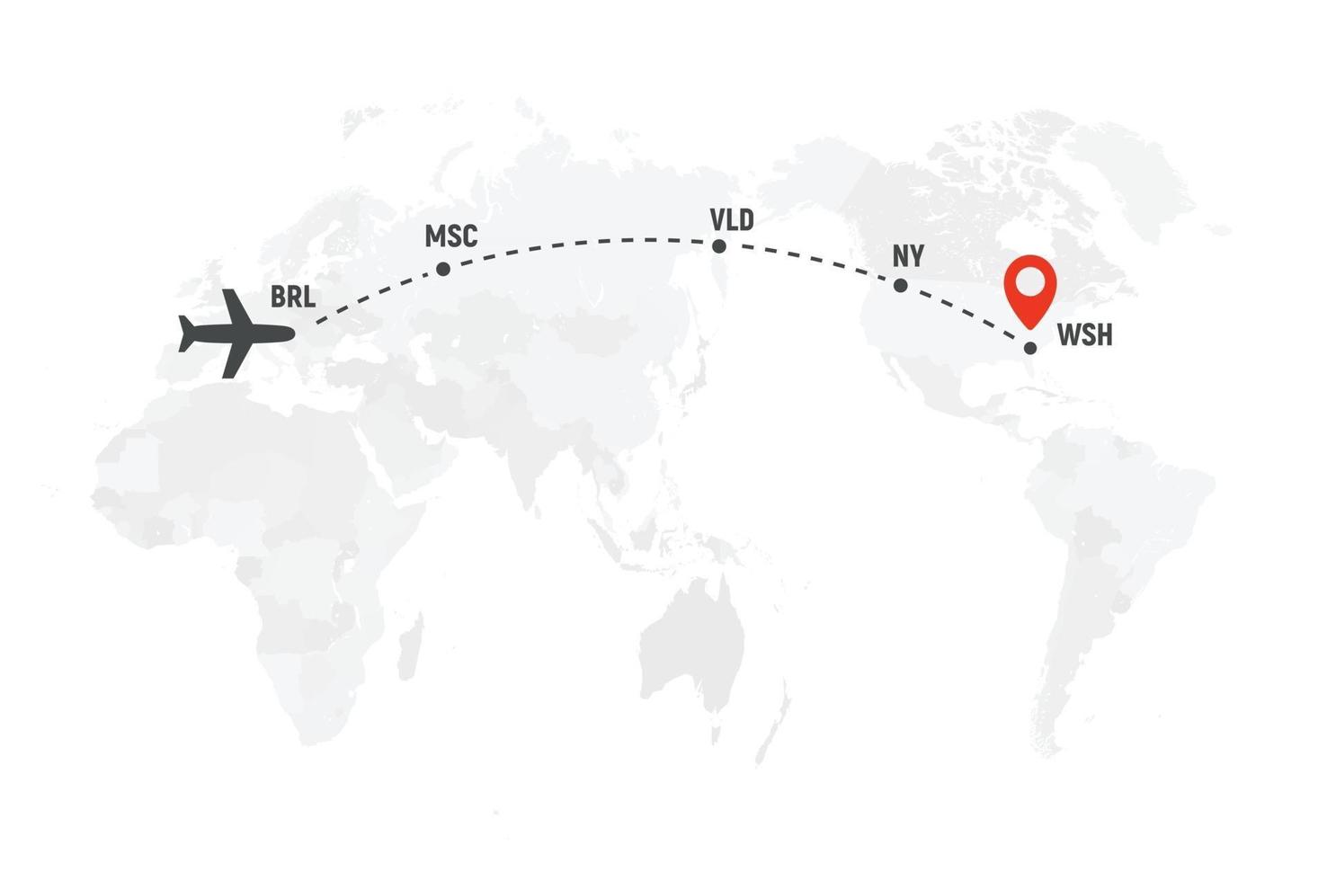 Airplane line path. Air plane flight route with start point and dash line trace. Plane icon over world map. Vector concept illustration.