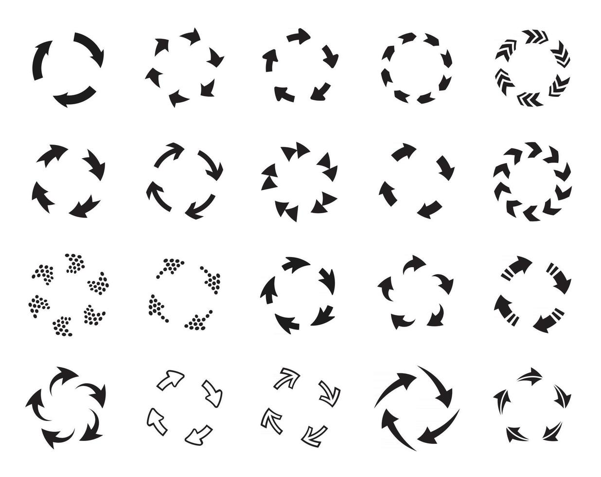 Actualizar conjunto de iconos vectoriales en blanco y negro. flechas en círculos paquete de símbolos aislados. proceso de carga, rebobinado, actualización del paquete de señales monocromáticas. repetir y reiniciar la colección de pictogramas vector