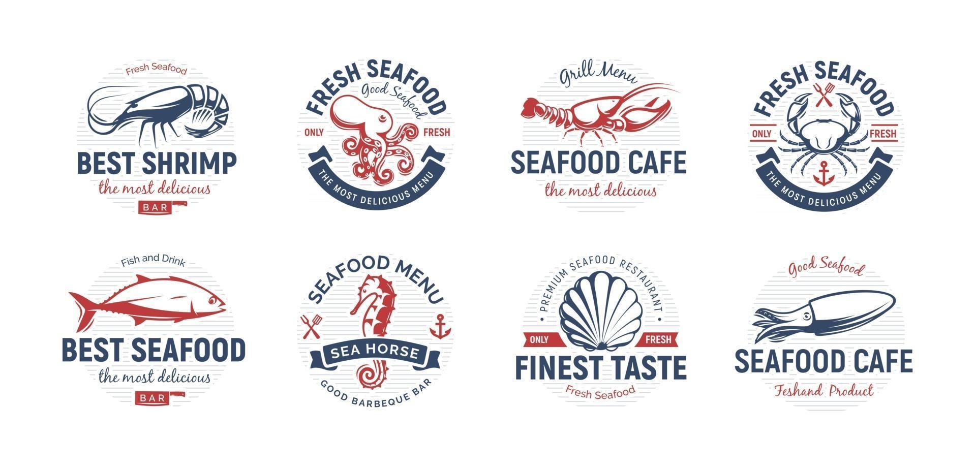 Seafood logo set. Sea creatures, fishing or restaurant emblems. Retro style logo template. Modern emblem idea. Concept design for business. Isolated vector illustration on white background.
