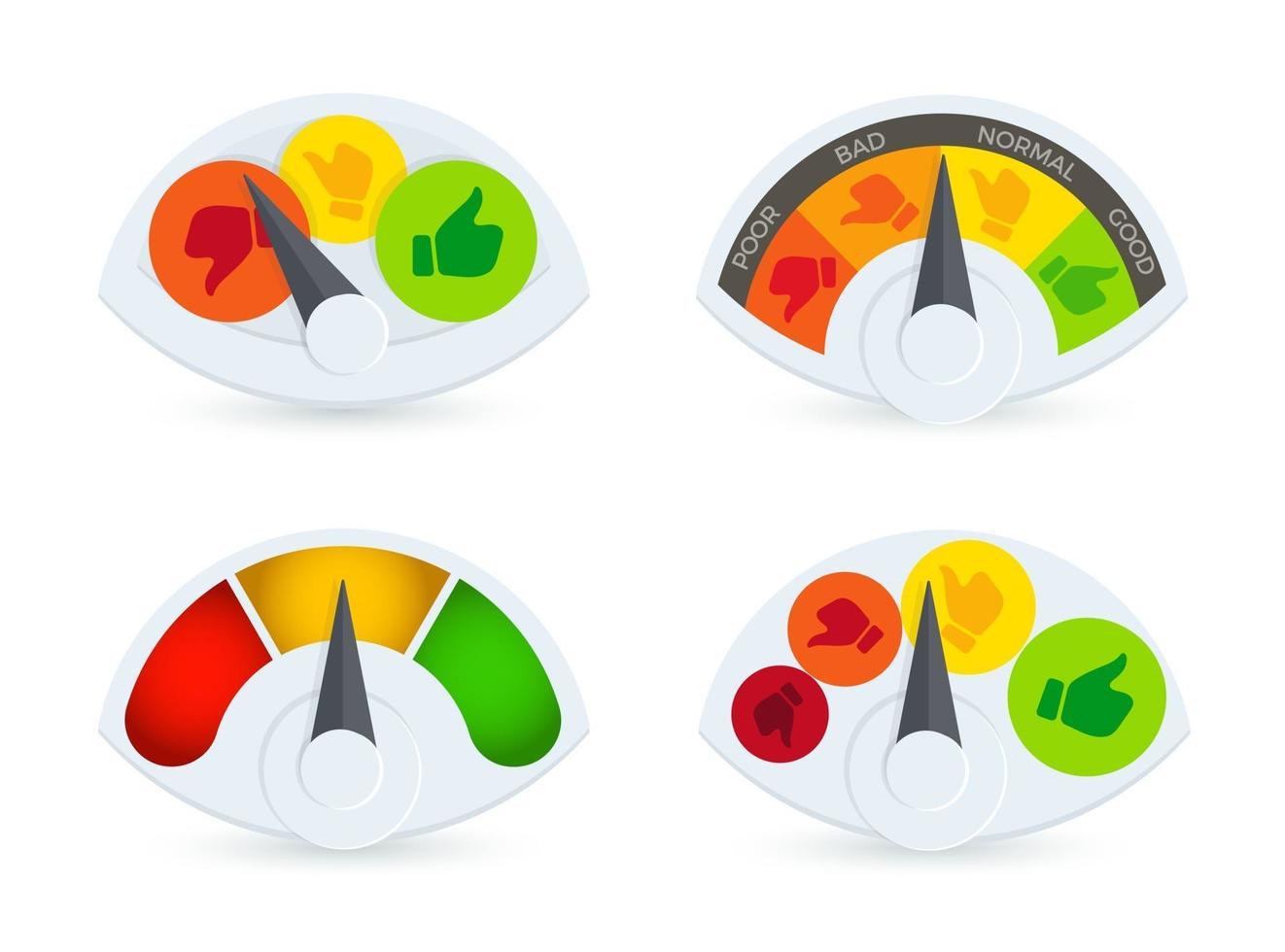 Colorful speedomeret, barometer, fuel gauge logo set. Business performance review indicator logotype collection. Thumbs up and down progress sensor symbols. vector