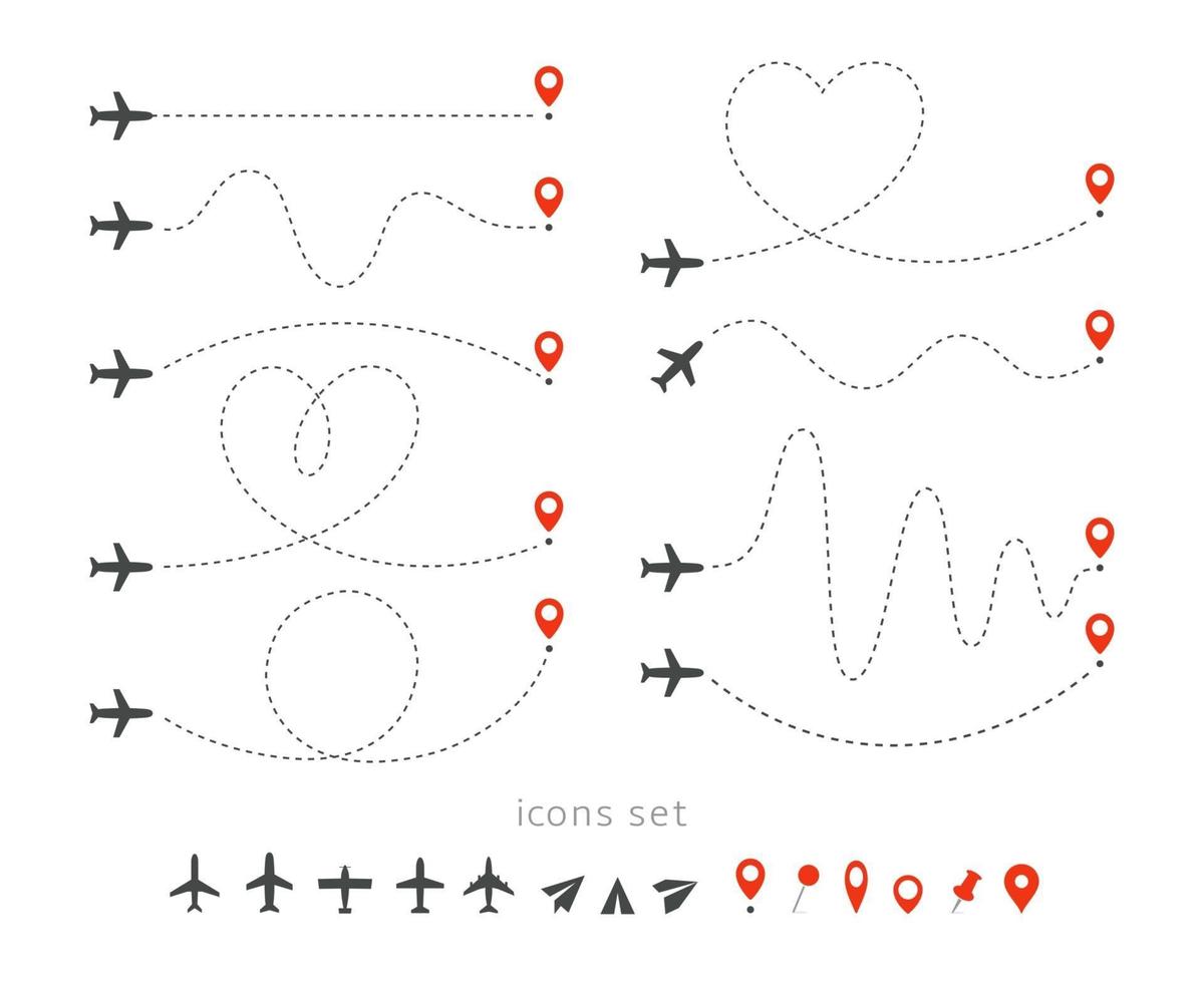 Set icons of travel way by plane. Takeoff and landing of a passenger plane. Flight route infographic elements. Flight by airplane, aviation tourism vector isolated illustrations collection.