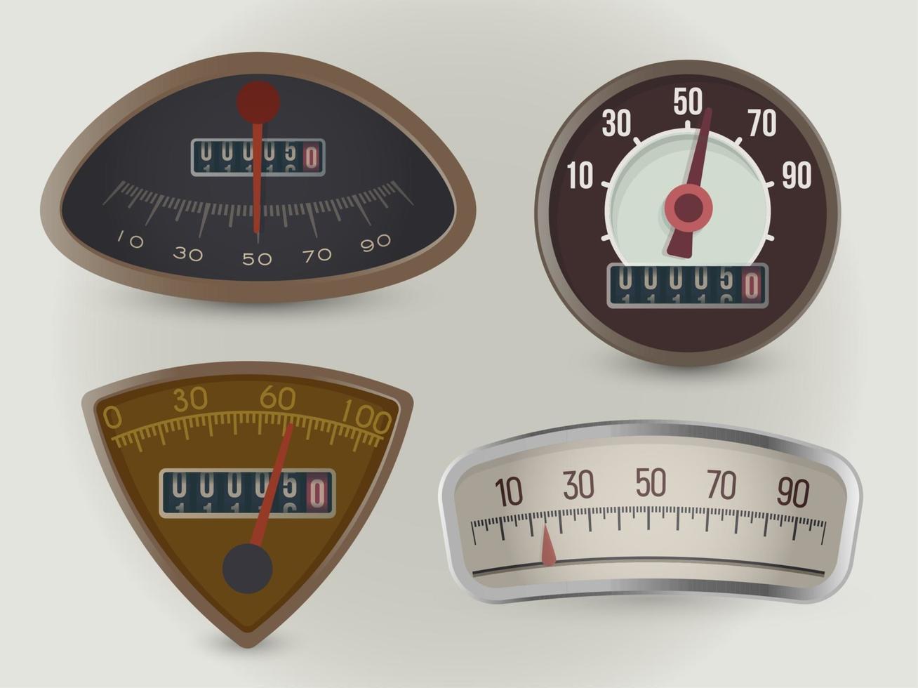 Speedometers, speed gauges realistic vector illustrations set. Retro vehicles round, triangular indicators with odometer counters. Isolated vintage automobile dashboard equipment, mph measuring device