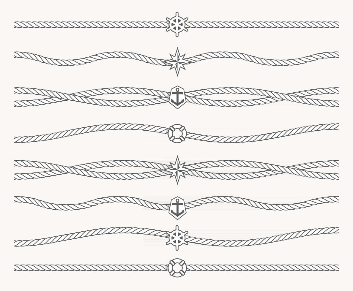 Set of Nautical rope with marine symbols in center of line. Border line, underline, line for frame. Seamless sailor pattern. vector