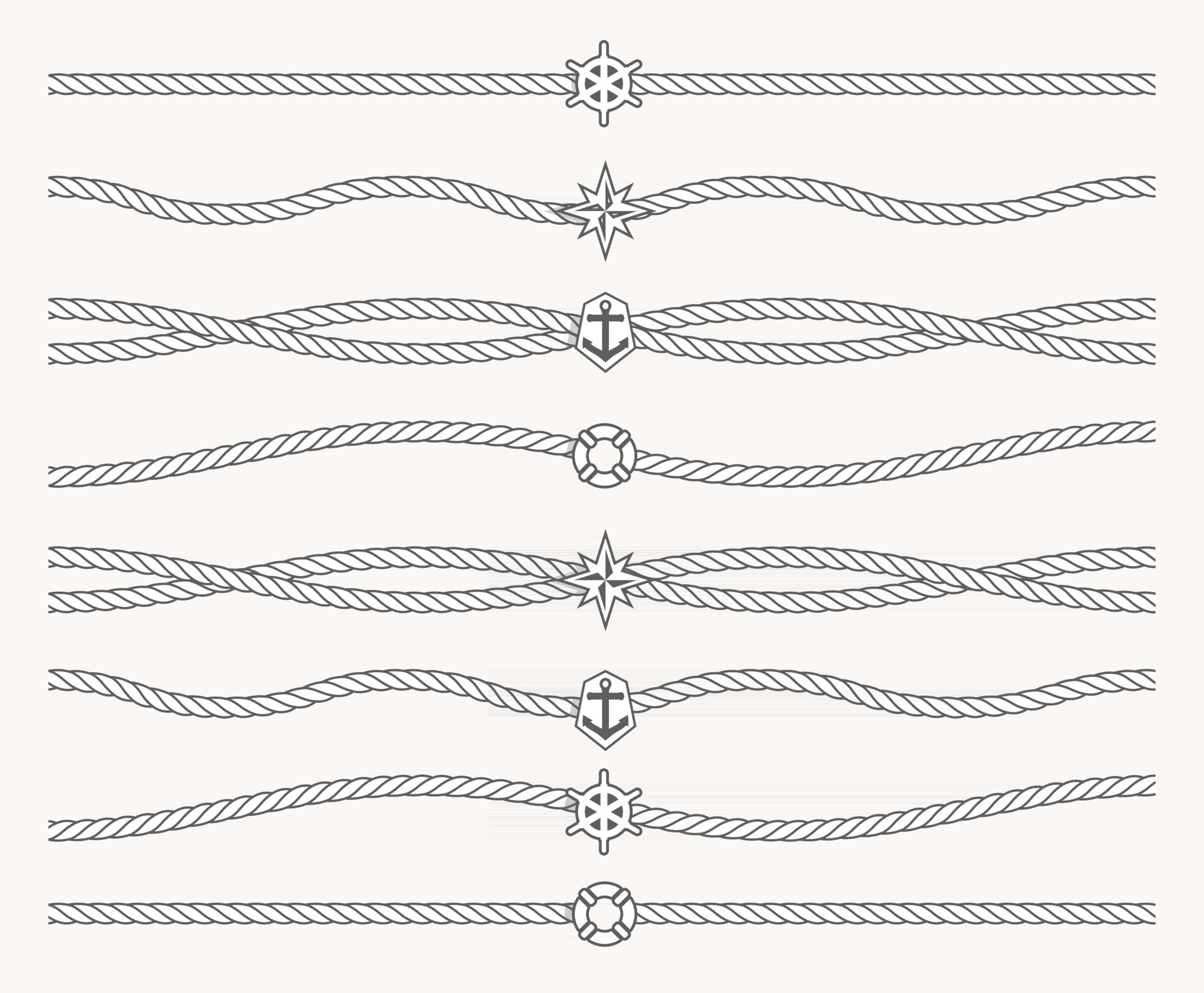 Set of Nautical rope with marine symbols in center of line. Border