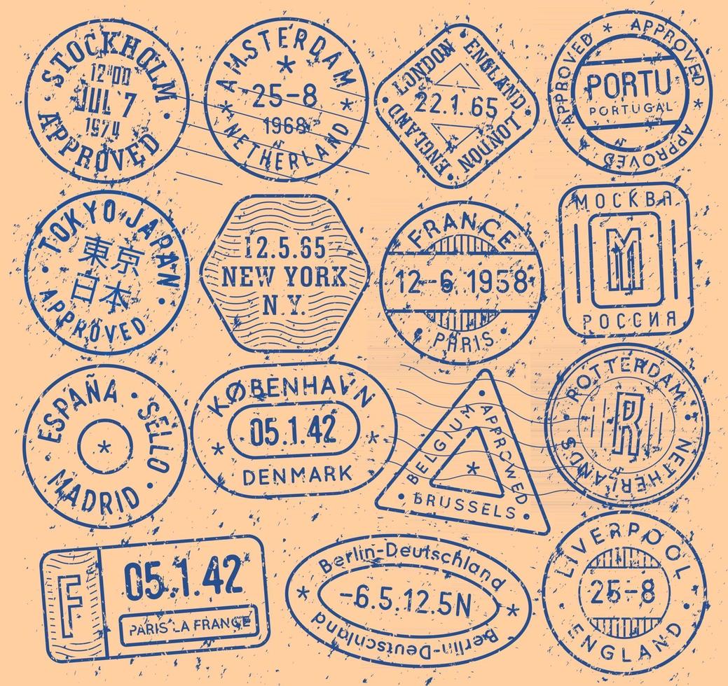 Ink stamps icon set. Approved visa signs collection. International passport elements. Retro tourism emblems. Vintage post office symbols. Old postal letter with postmarks. vector