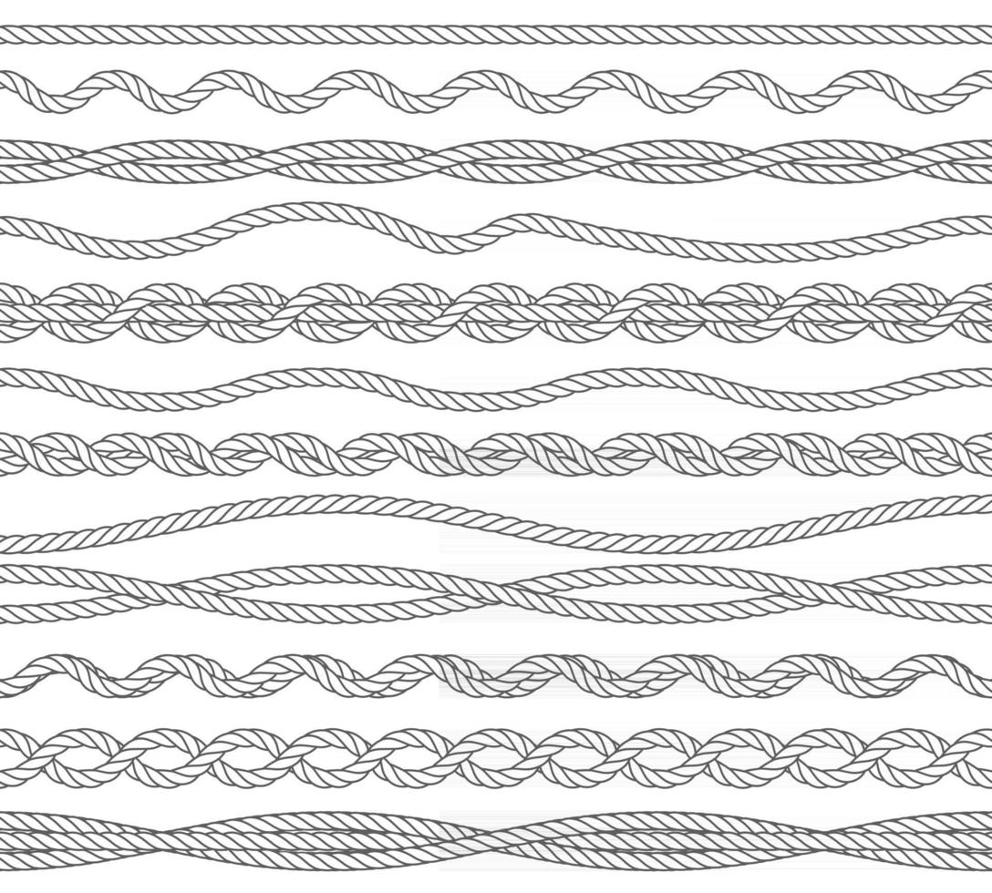 Conjunto de ilustraciones vectoriales de contorno monocromo de cuerdas náuticas. paquete de bordes sin costura de contorno simple marino aislado sobre fondo blanco. nudos, retorciendo cuerdas fuertes elementos de diseño de línea delgada vector