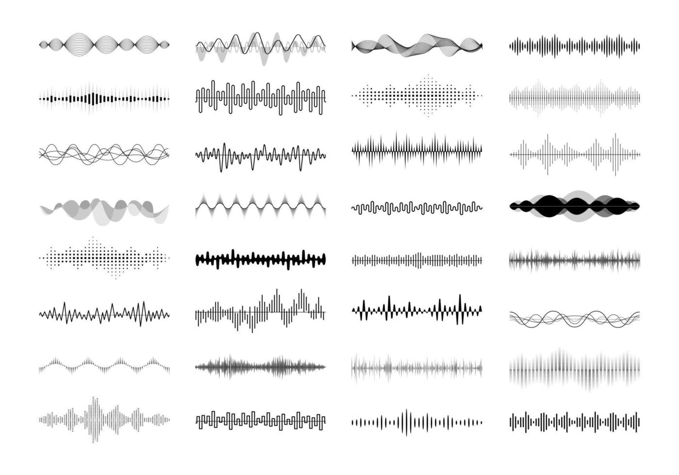 Set of waving, vibration and pulsing lines. Graphic design elements for financial monitoring, medical equipment, music app. Isolated vector illustration.