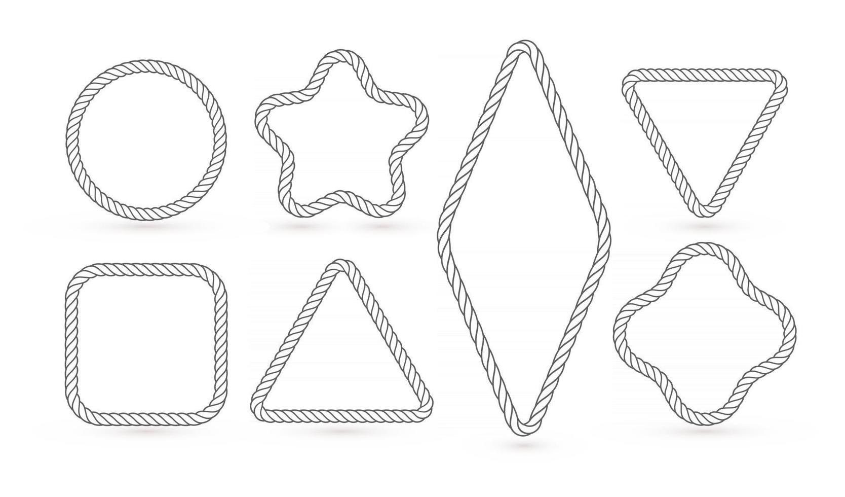 Nautical ropes vector creative outline borders set. Marine empty contour frames isolated pack. Thin line square, circle, star shapes with thin threads lineart illustrations collection