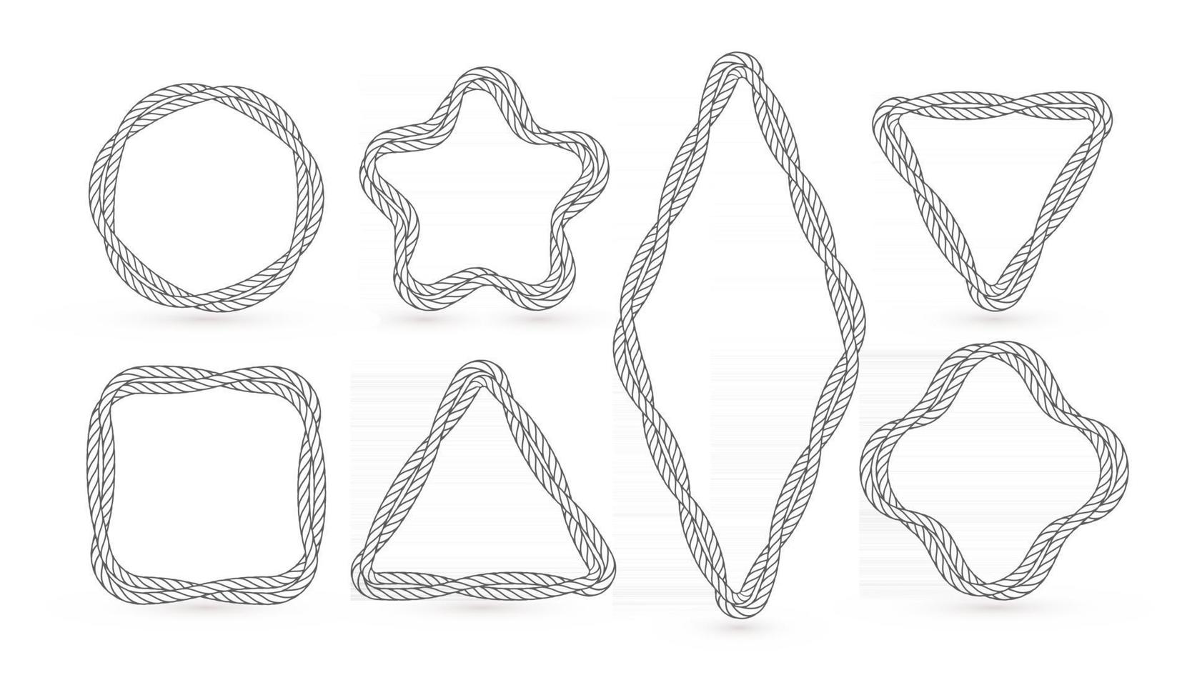 Conjunto de bordes de contorno creativo de vector de cuerdas náuticas. paquete aislado de marcos de contorno vacíos marinos. líneas finas, cuadrados, círculos, formas de estrella con hilos retorcidos colección de ilustraciones lineales