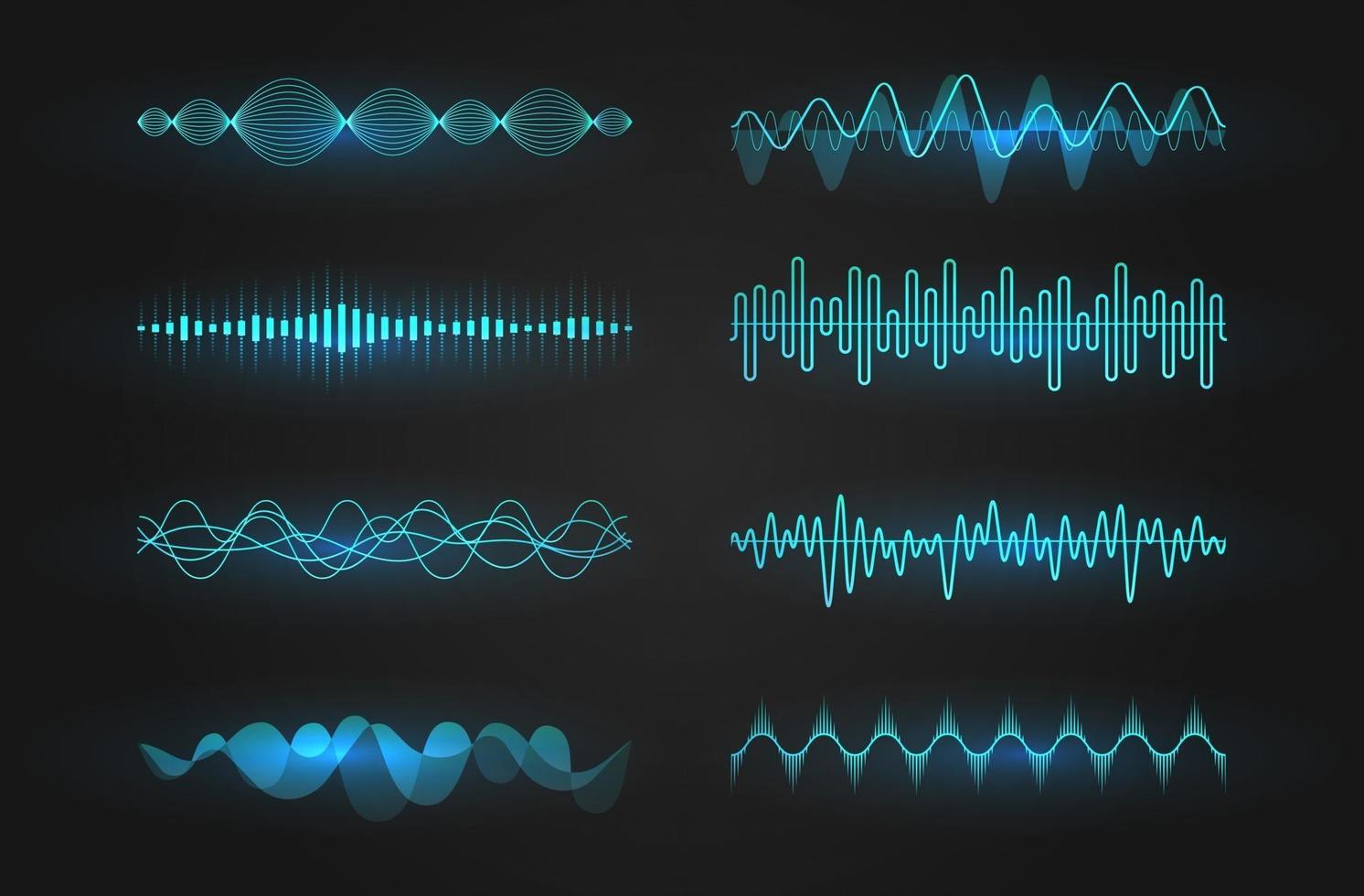 conjunto de iconos de ondas sonoras. líneas luminosas que representan un sonido o una onda de radio, ecualizador de música o cardiograma digital, plantilla de elemento de diseño de interfaz gráfica de usuario. ilustración vectorial aislada. vector