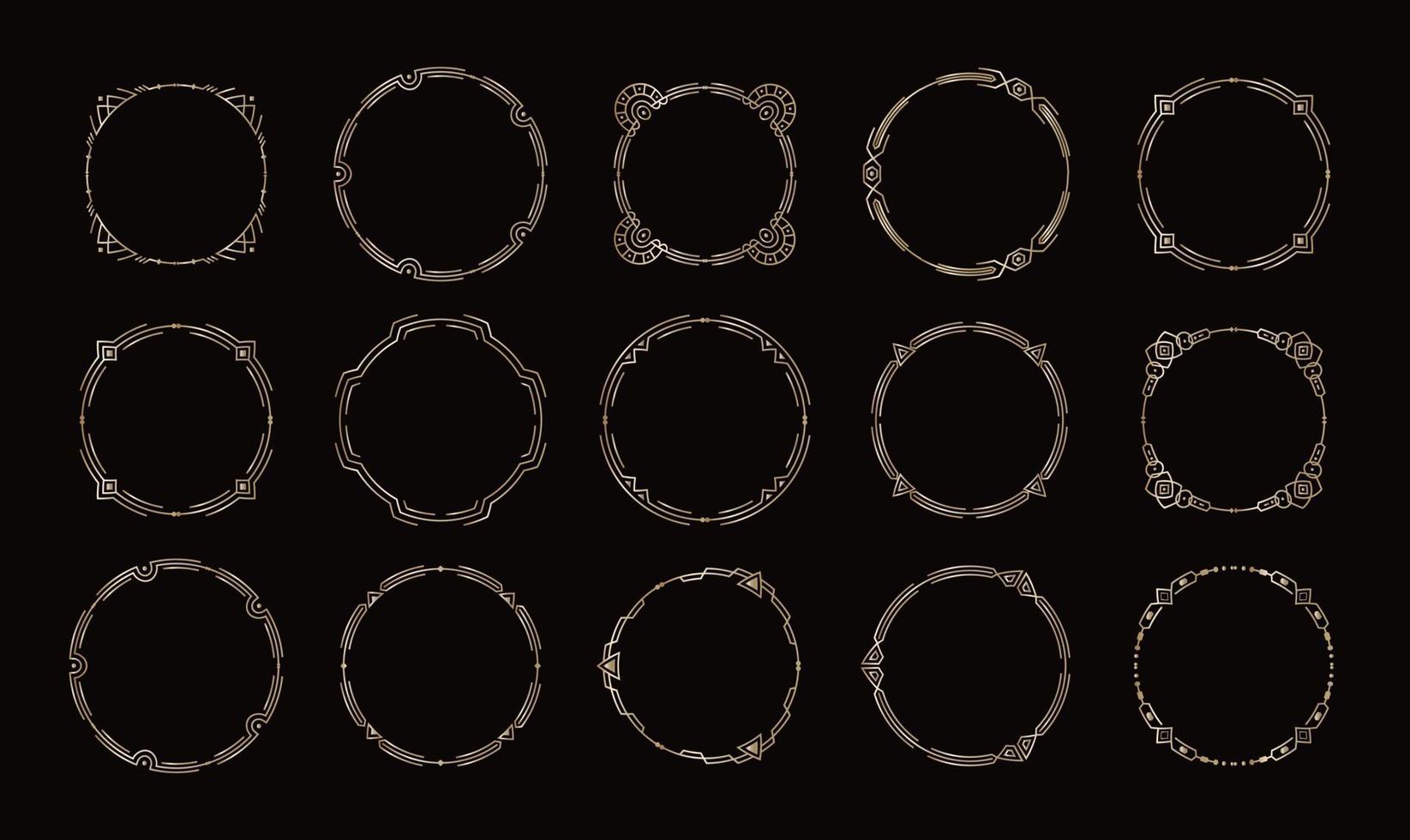 Set of golden circles border frames, elegant graphic jewelry decoration, vector illustration on black background