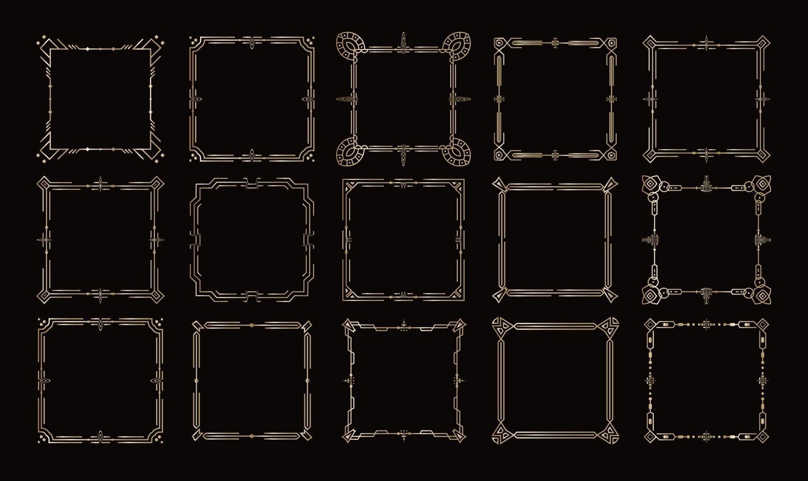 Golden frames, victorian geometric borders set, royal vector corners and lines on black background