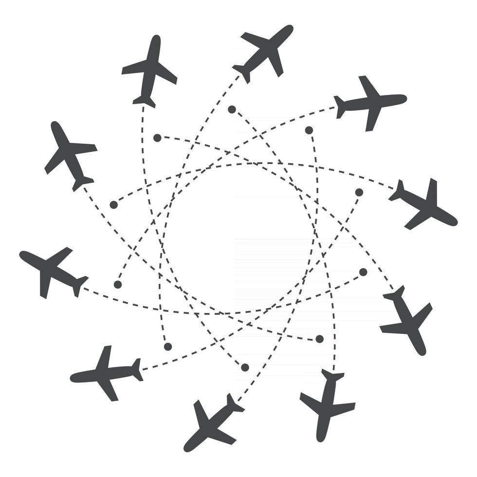 Planes flying with trace in different directions in a circle from one point. Airport abstract map. Departure icon. Flat black silhouette vector illustration on white background.