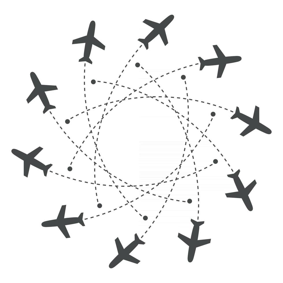 aviones que vuelan con rastro en diferentes direcciones en un círculo desde un punto. mapa abstracto del aeropuerto. icono de salida. Ilustración de vector de silueta negra plana sobre fondo blanco.