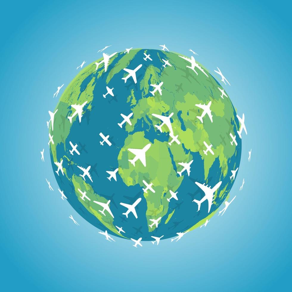 Many white planes flying in one direction around earth. Intercontinental flight of planes icon. Around the world trip emblem. Aviation navigation vector illustration.