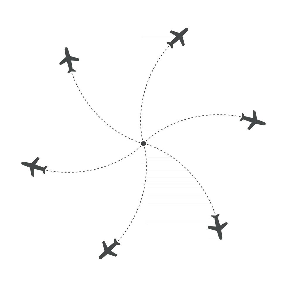 aviones que vuelan con rastro en diferentes direcciones en un círculo desde un punto. mapa abstracto del aeropuerto. icono de salida. Ilustración de vector de silueta negra plana sobre fondo blanco.