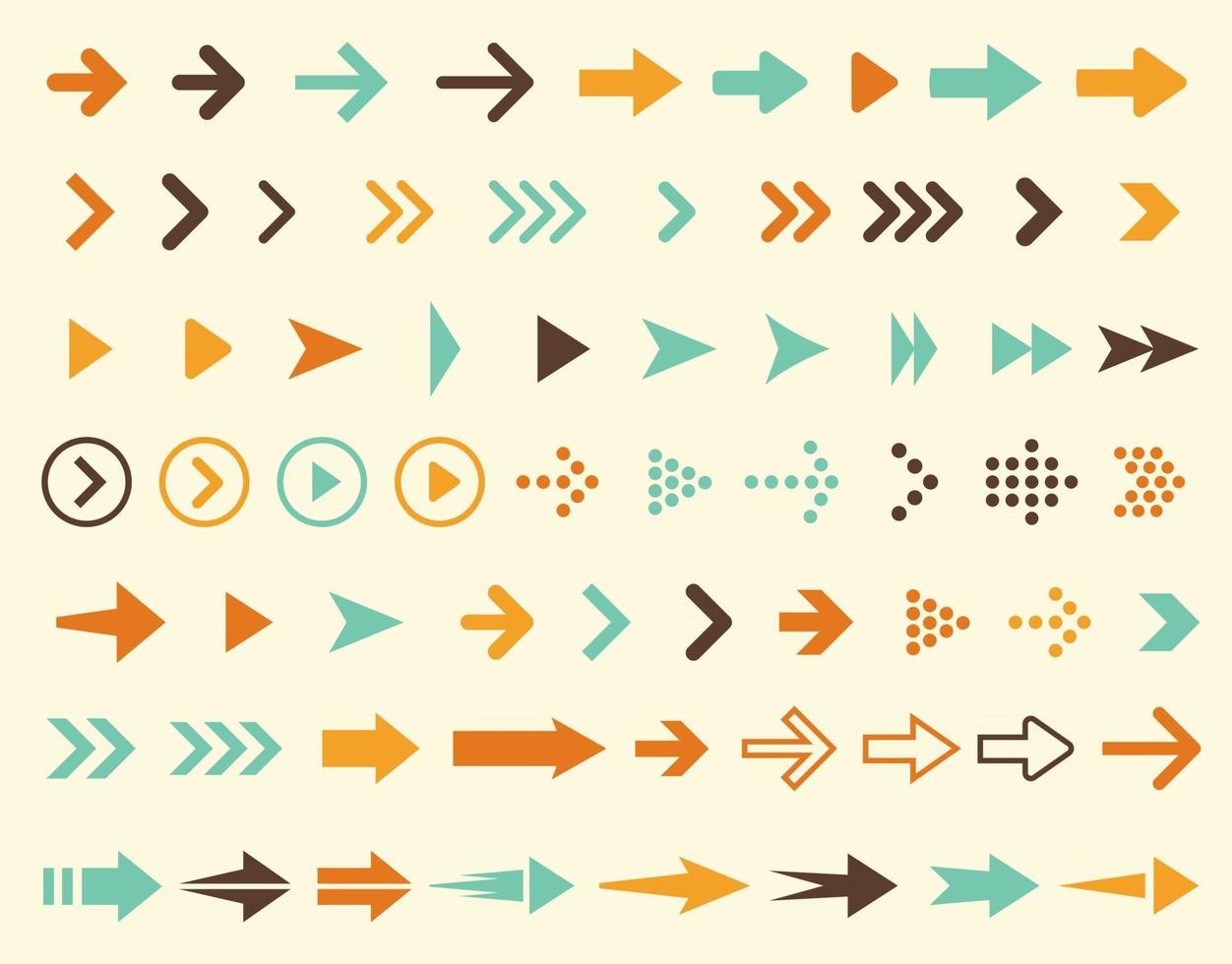 Collection of arrows icons in retro style and in vintage colors, large set of right pointers signs, vector illustration