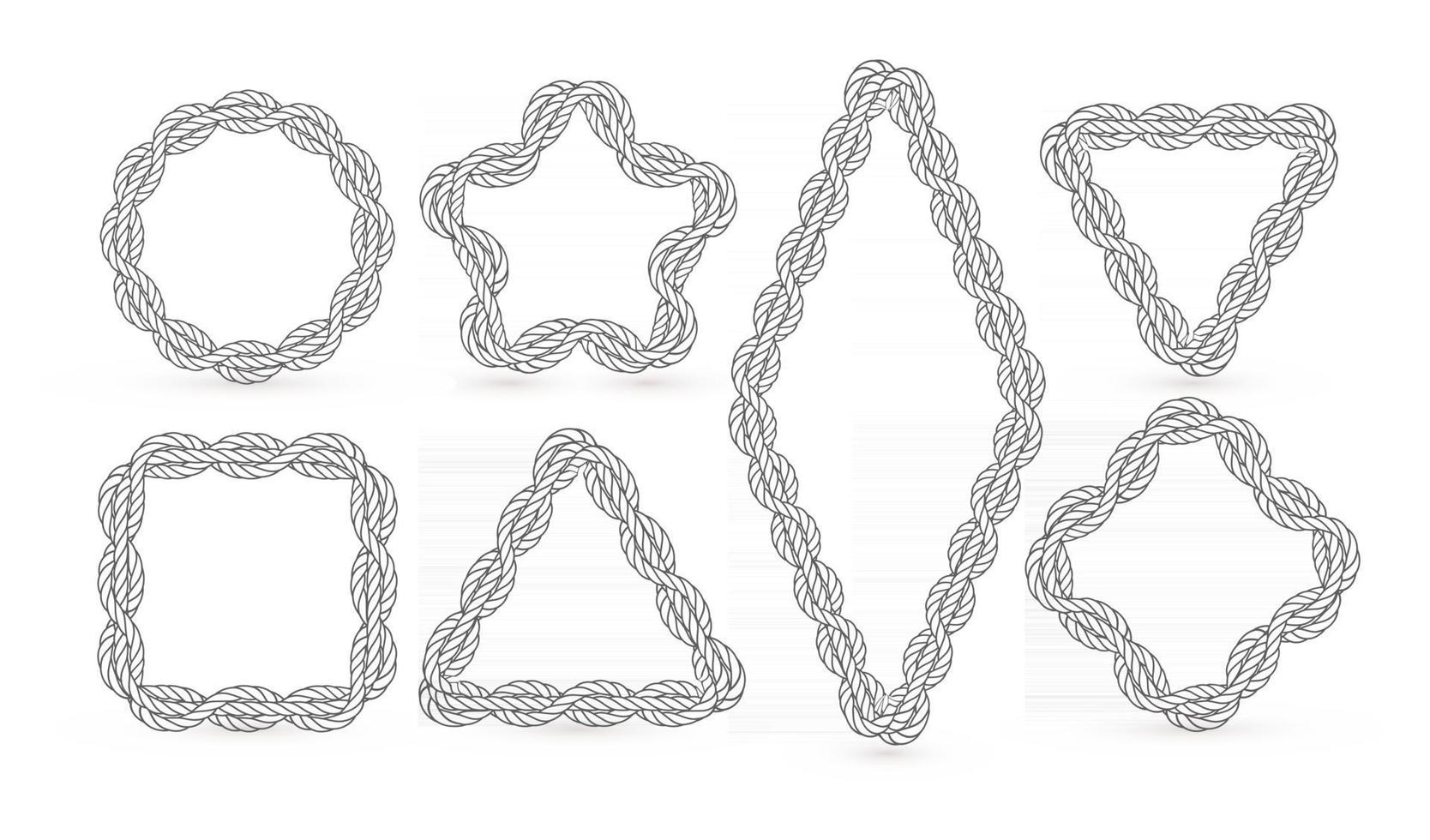 Nautical ropes vector creative outline borders set. Marine empty contour frames isolated pack. Thin line square, circle, star shapes with twisting threads lineart illustrations collection
