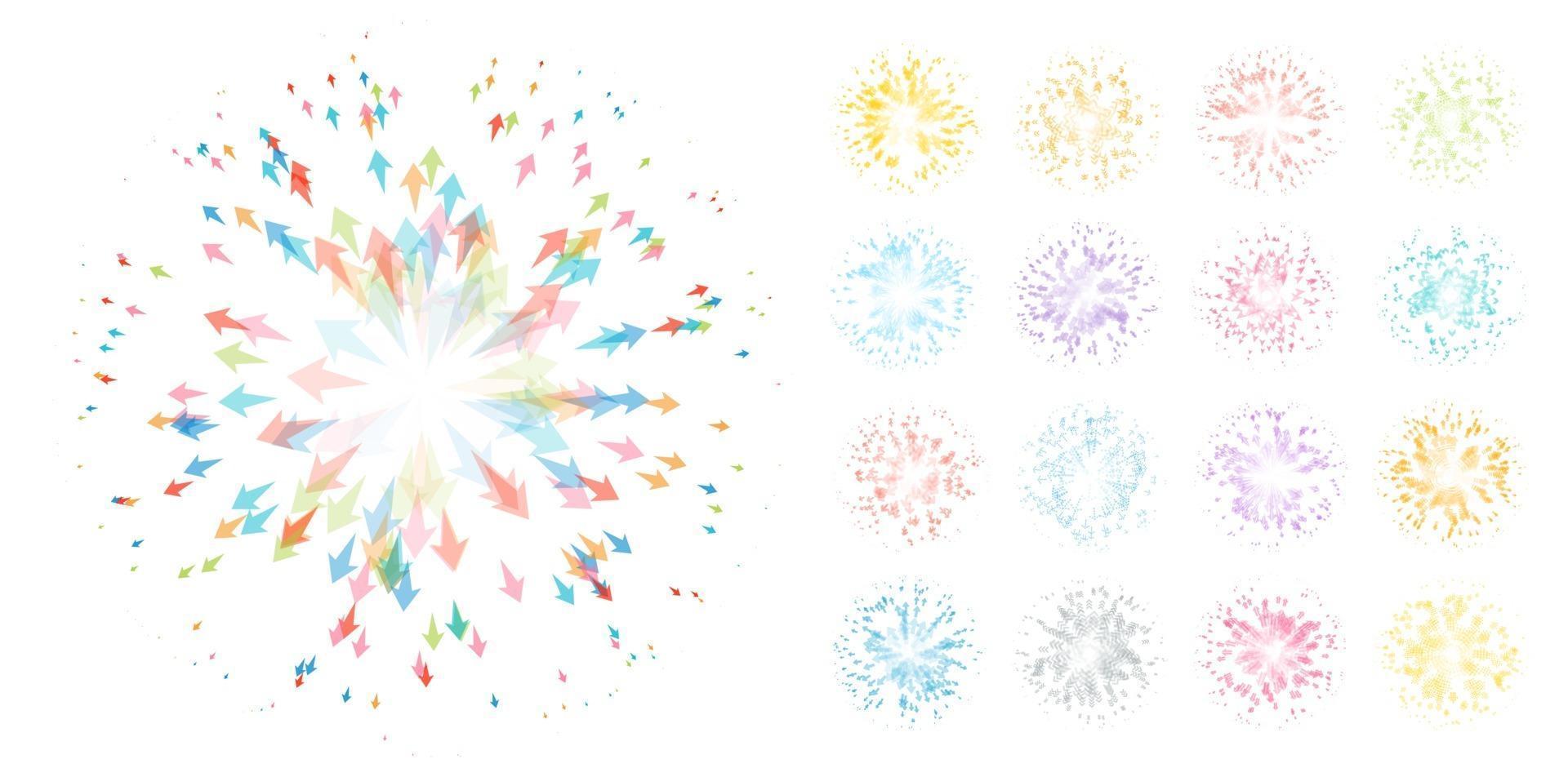 Collection of abstract fireworks, arrows in different directions, surprise symbol with flying confetti. Festive fireworks, cartoon style vector illustration.