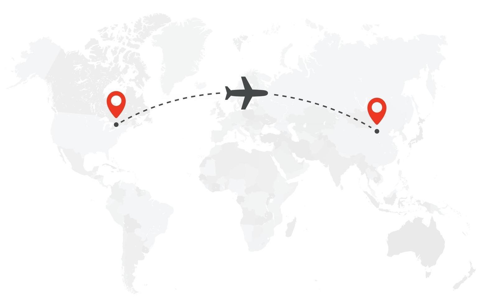 Airplane line path. Air plane flight route with start point and dash line trace.Plane icon over world map. Vector concept illustration.