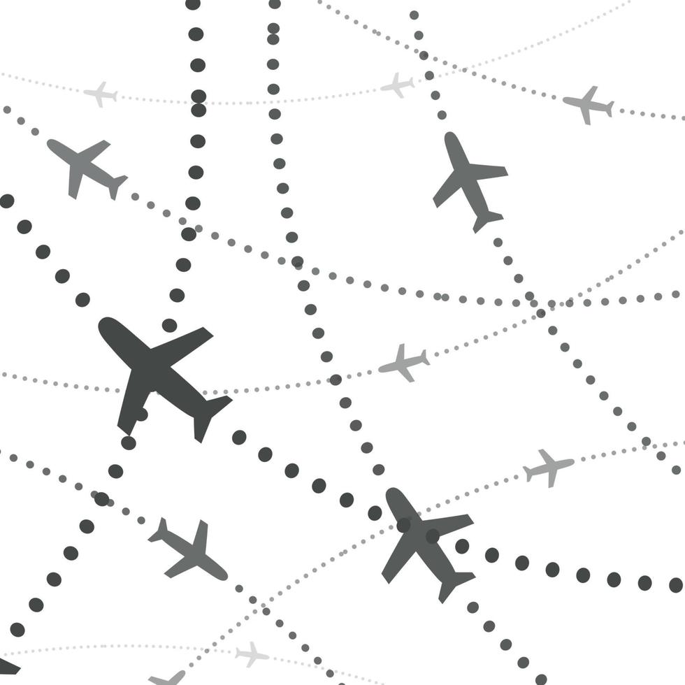 Airplanes pattern. Planes with dotted path direction. Aviation trip background concept. Vector illustration.