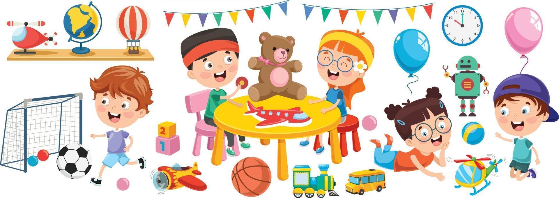 Kids Playing With Various Toys vector