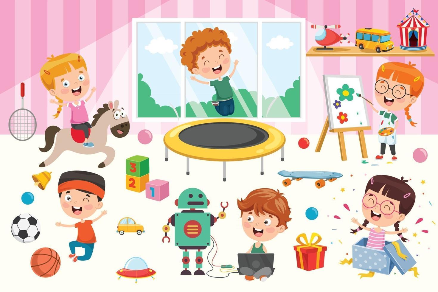 Kids Playing With Various Toys vector