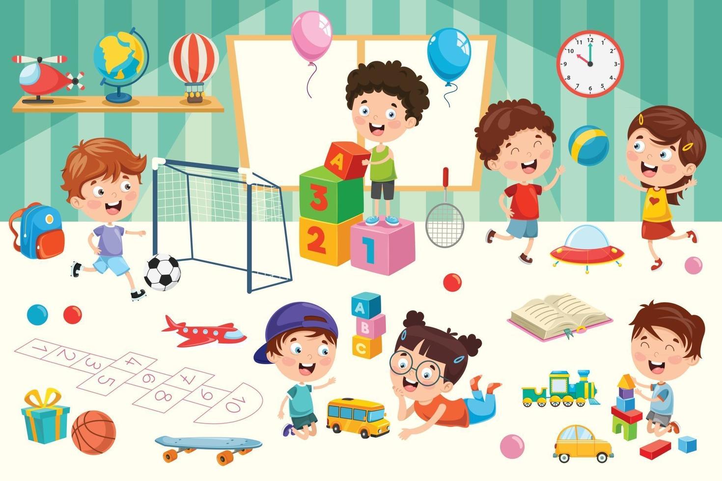 niños jugando con varios juguetes. vector