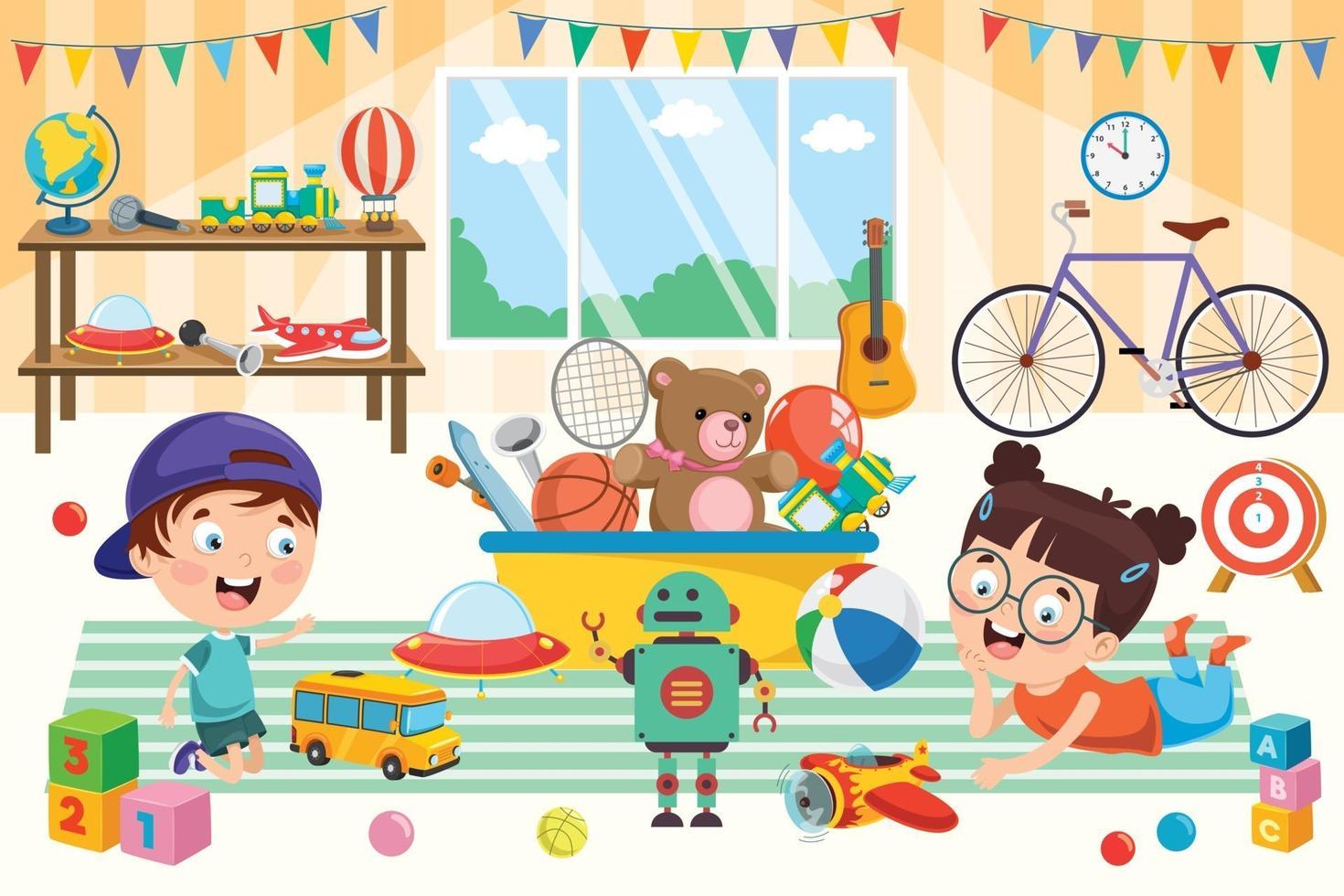Kids Playing With Various Toys vector