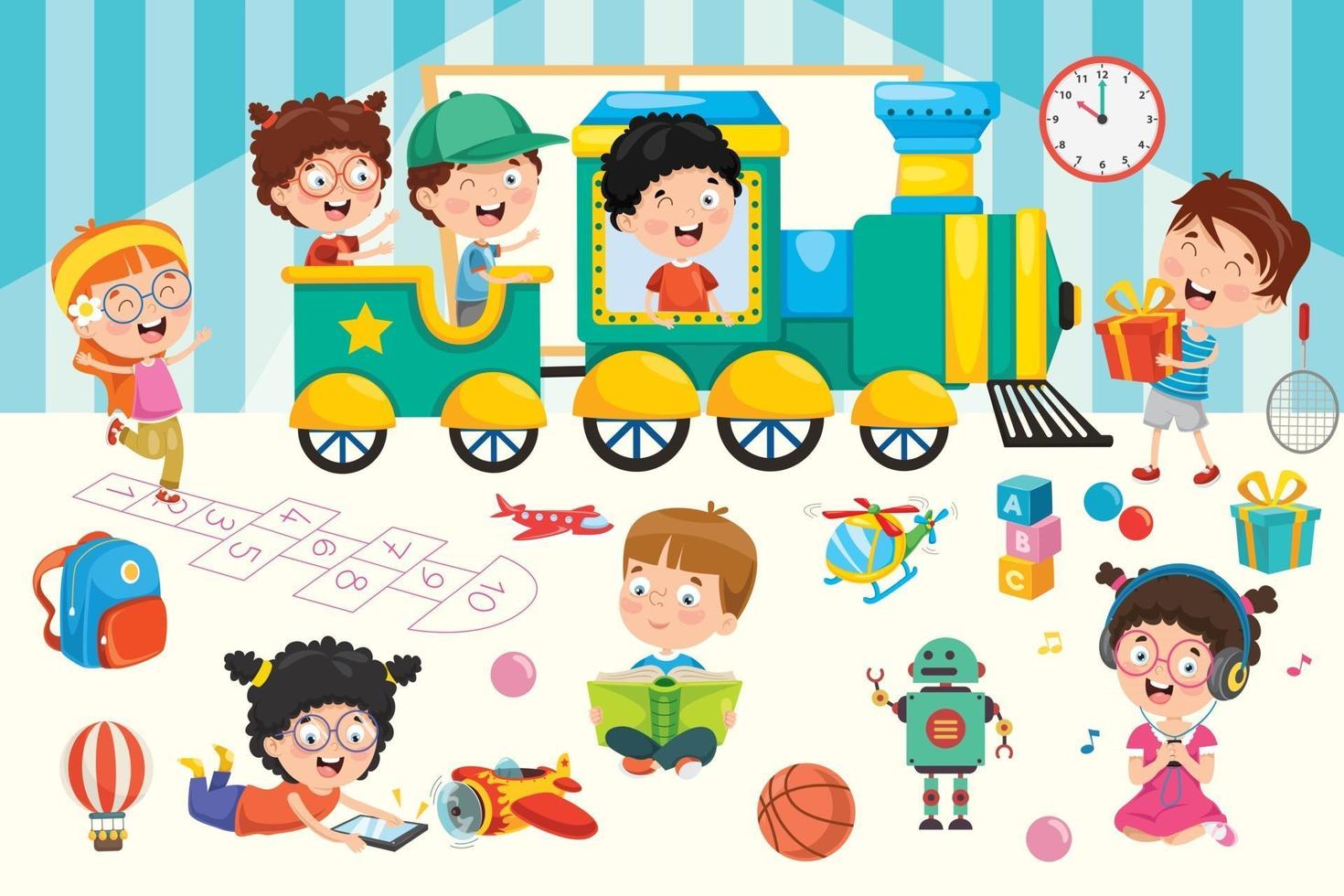 Kids Playing With Various Toys vector